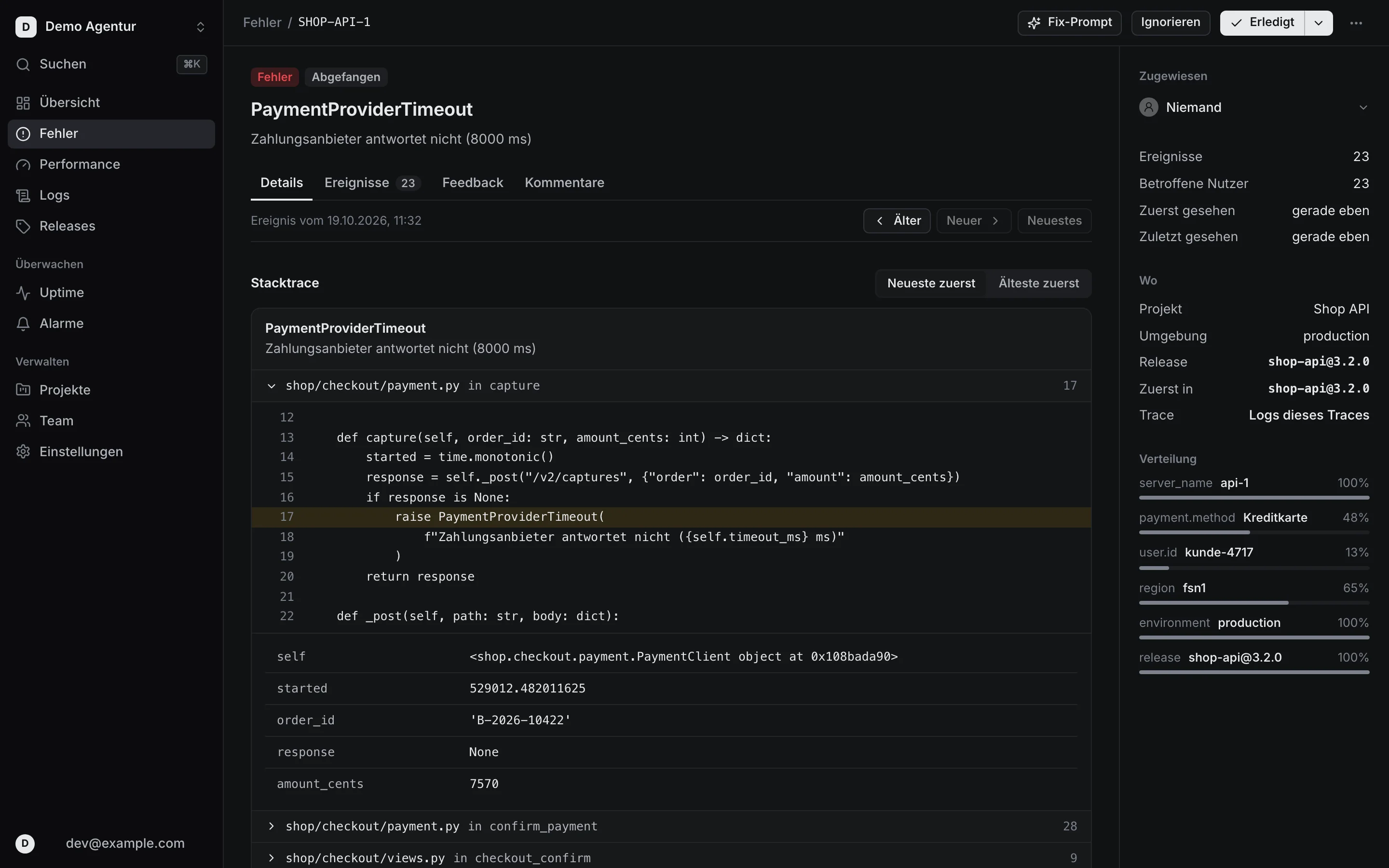 Fehlo: ein Fehler mit Stacktrace, Code-Kontext, lokalen Variablen und Verteilung nach Tags